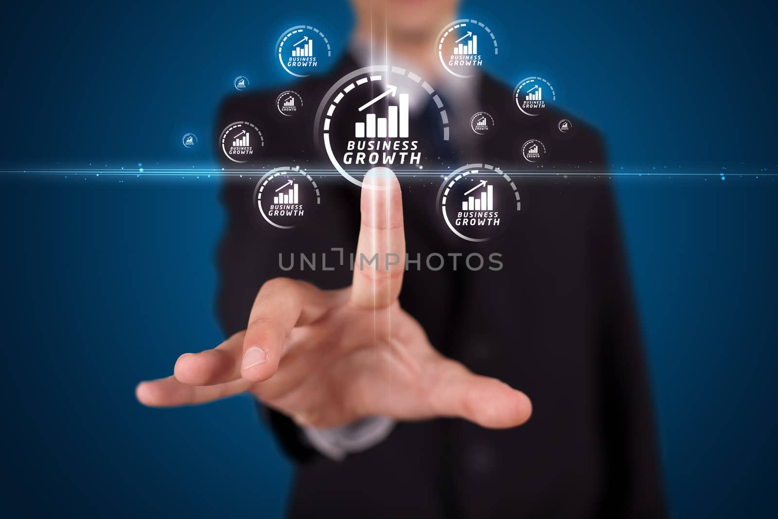 Businessman pressing business type of modern buttons with virtual background