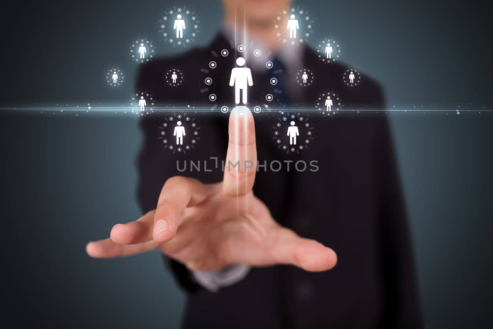 Businessman pressing modern social buttons on a virtual background