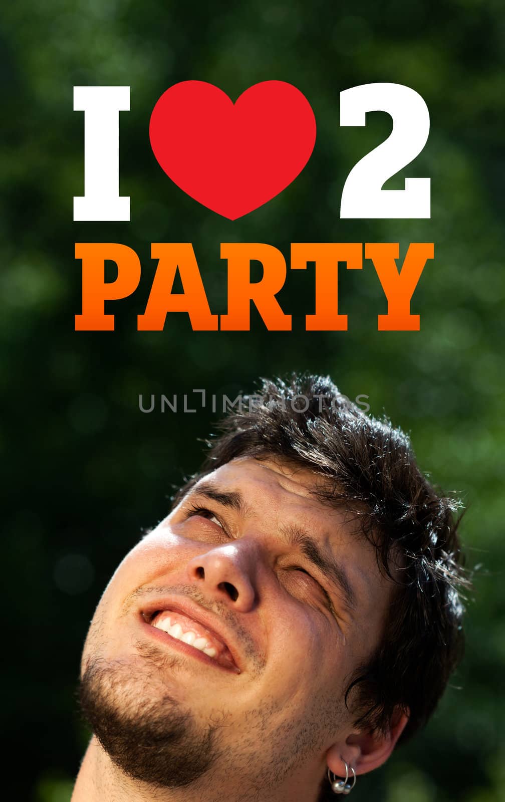Young persons head looking with gesture at party icons and sign