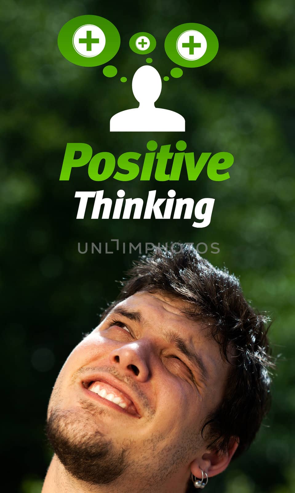Young persons head looking with gesture at positive negative signs