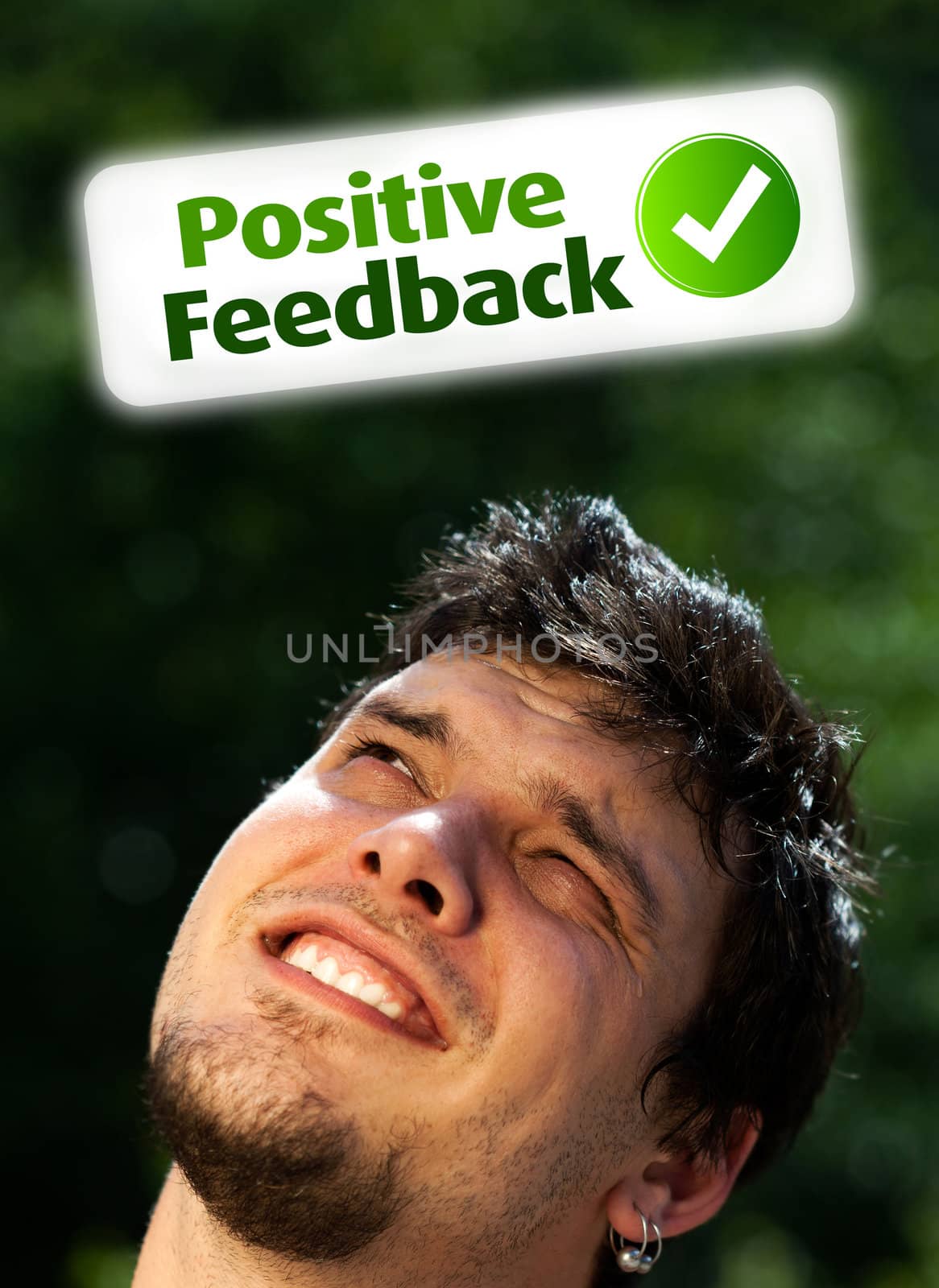 Young persons head looking with gesture at positive negative signs