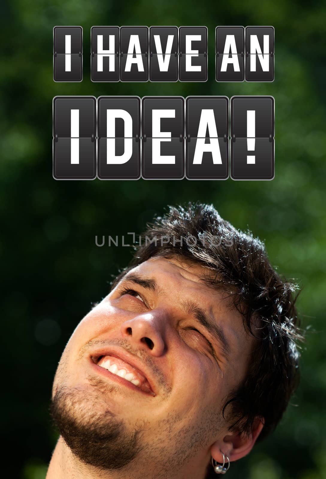 Young persons head looking with gesture at idea type of sign