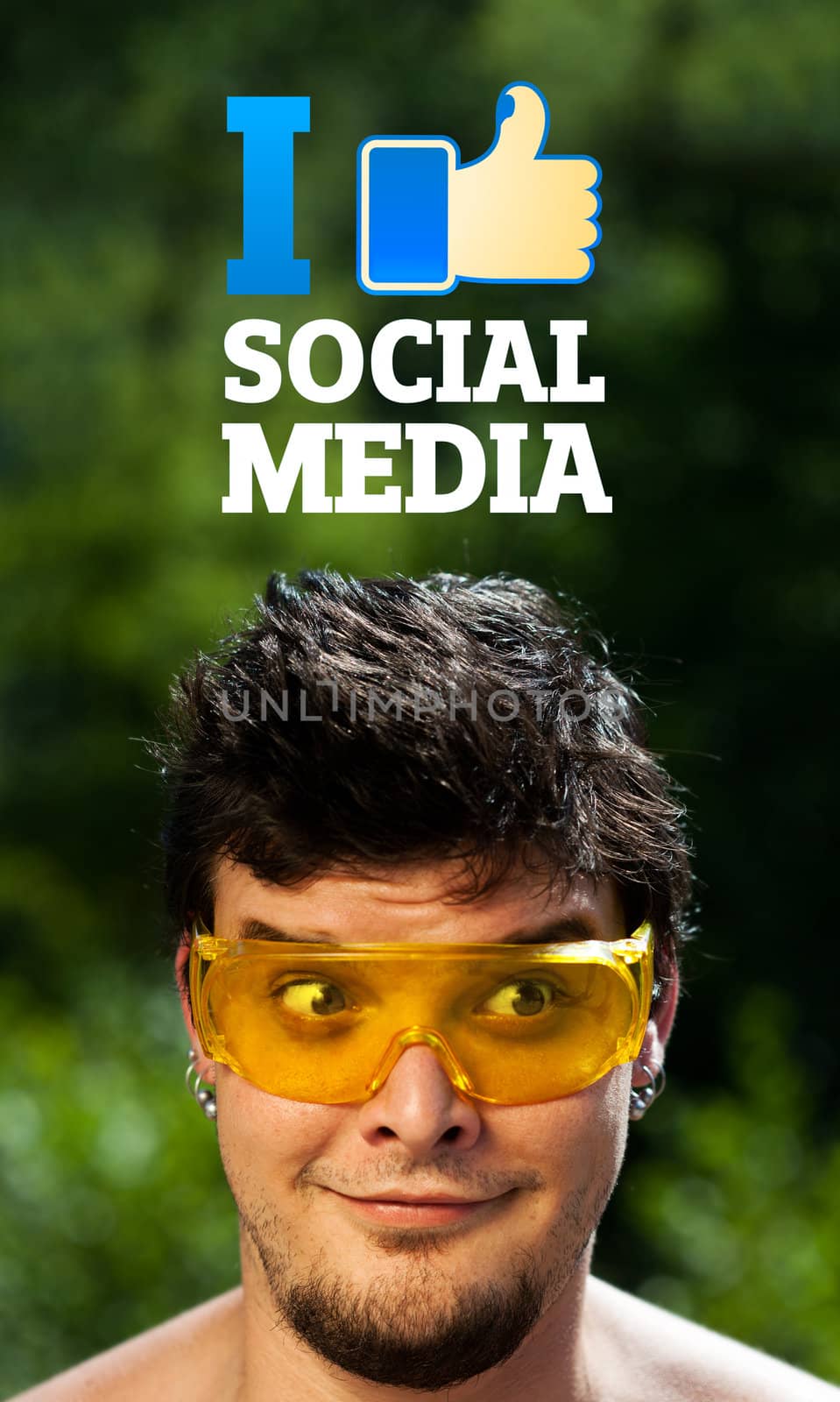 Young persons head looking with gesture at social type of icons and signs