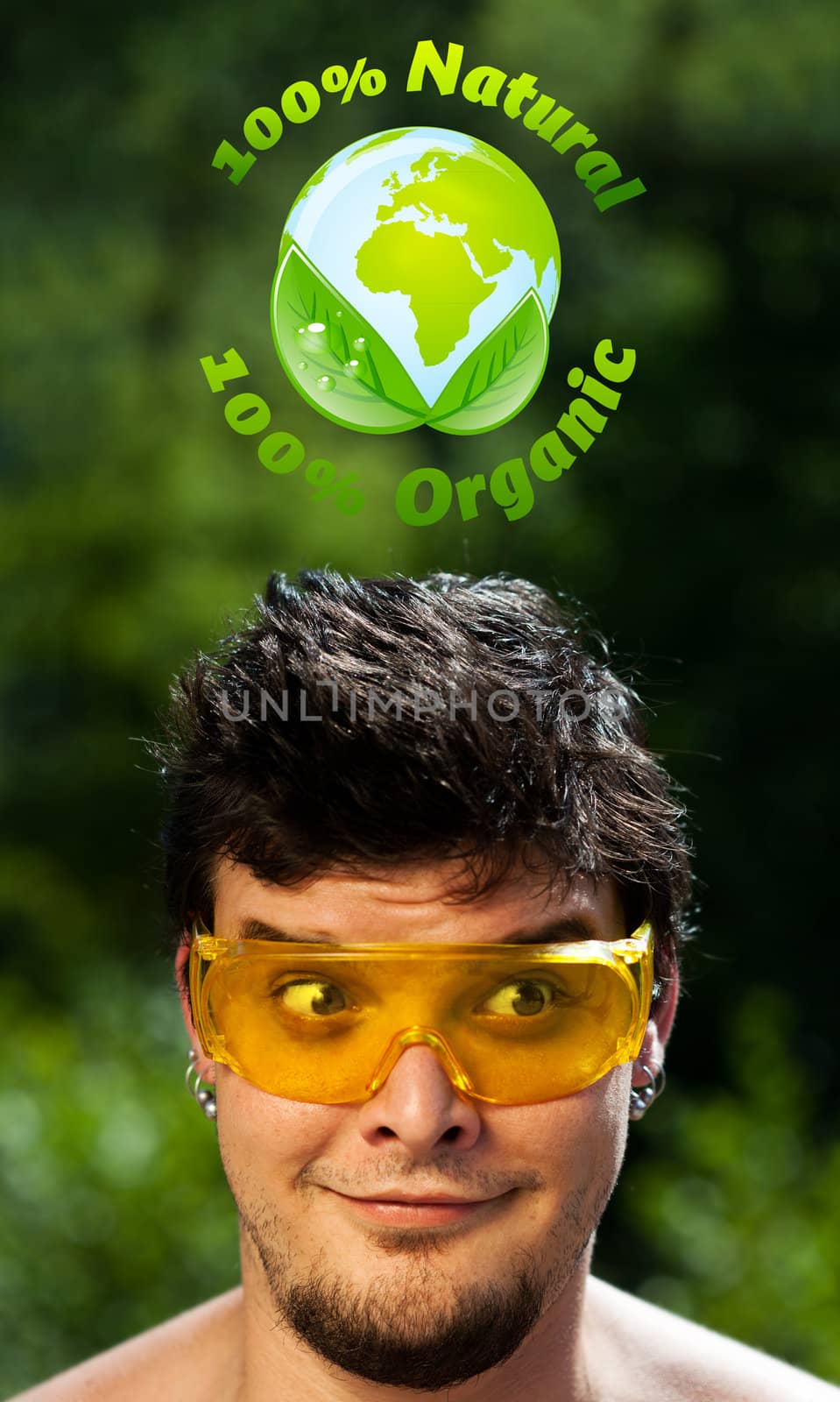 Young head looking at green eco sign by ra2studio