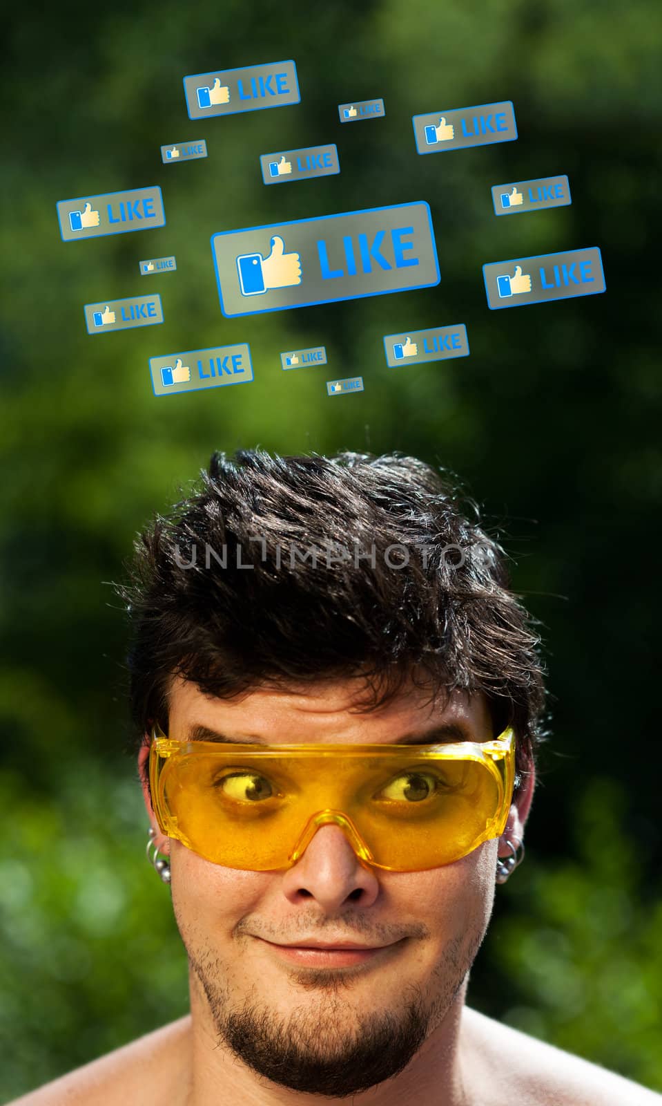 Young persons head looking with gesture at social type of icons and signs