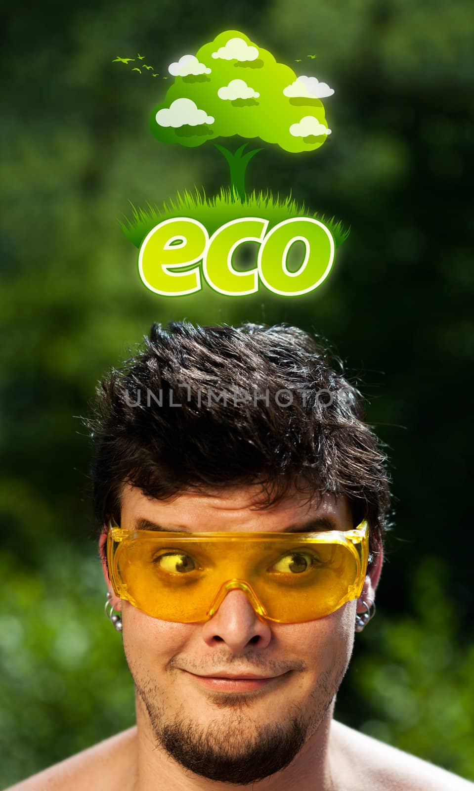 Young head looking at green eco sign by ra2studio