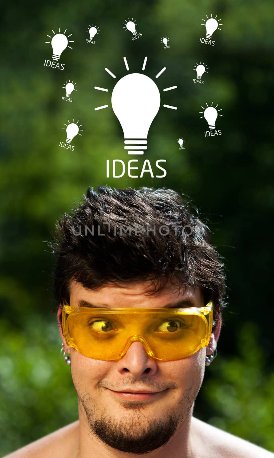 Young persons head looking with gesture at idea type of sign