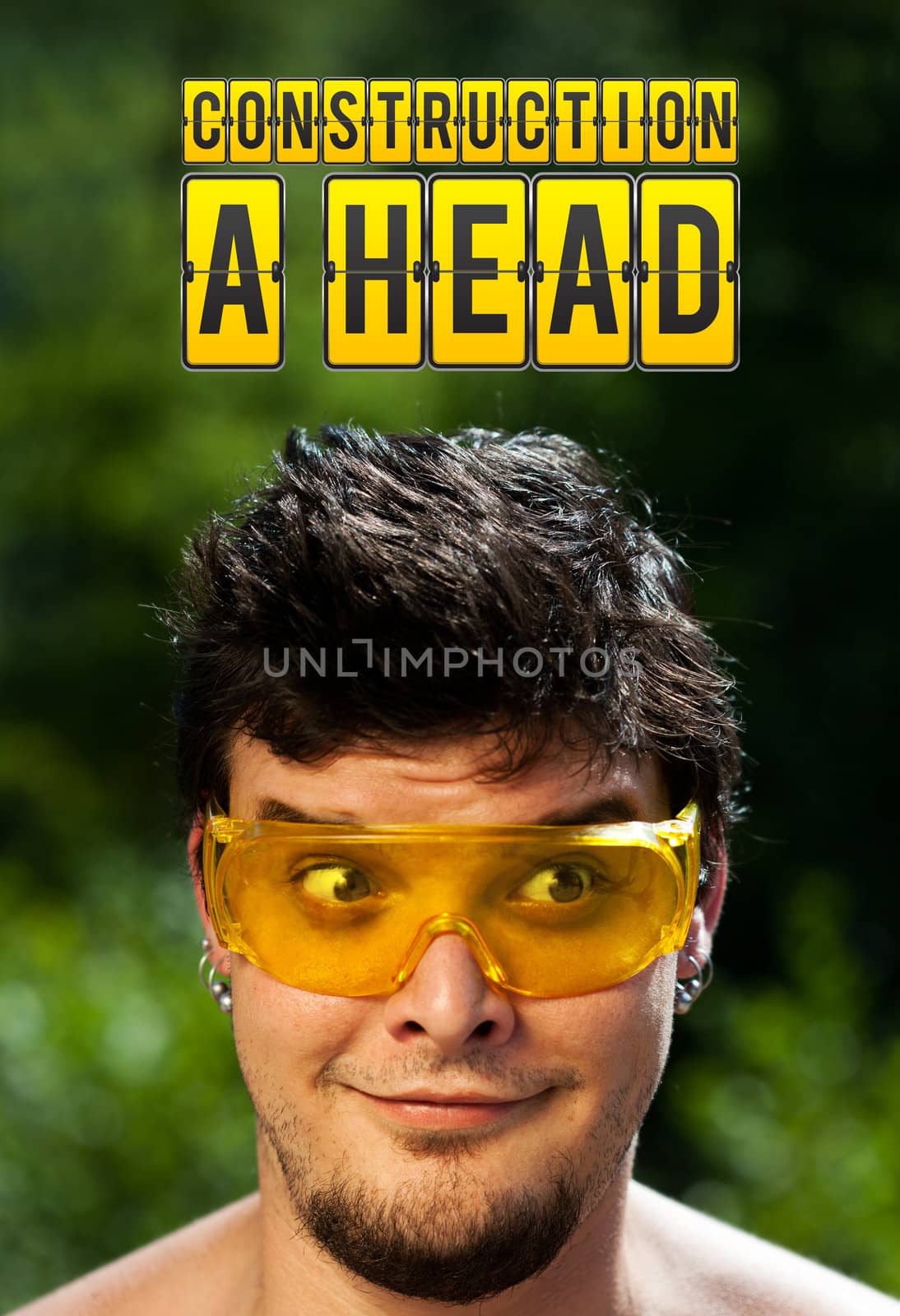 Young persons head looking with gesture at idea type of sign
