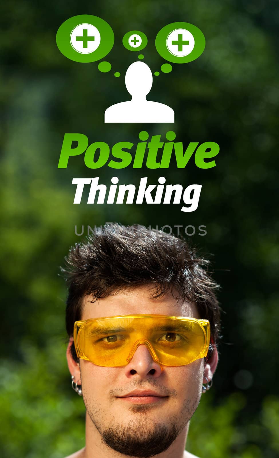 Young persons head looking with gesture at positive negative signs