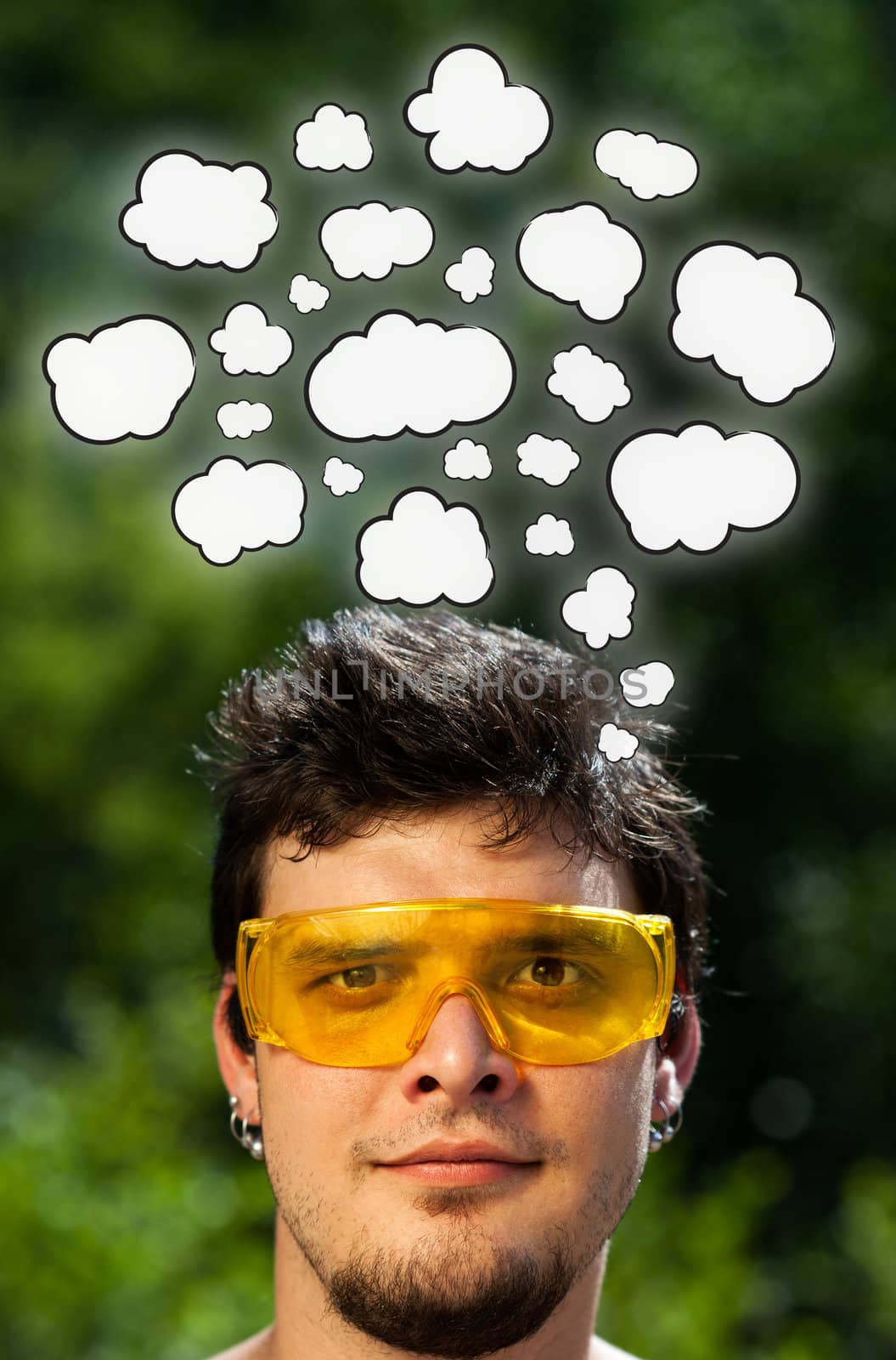 Young head thinking with clouds by ra2studio