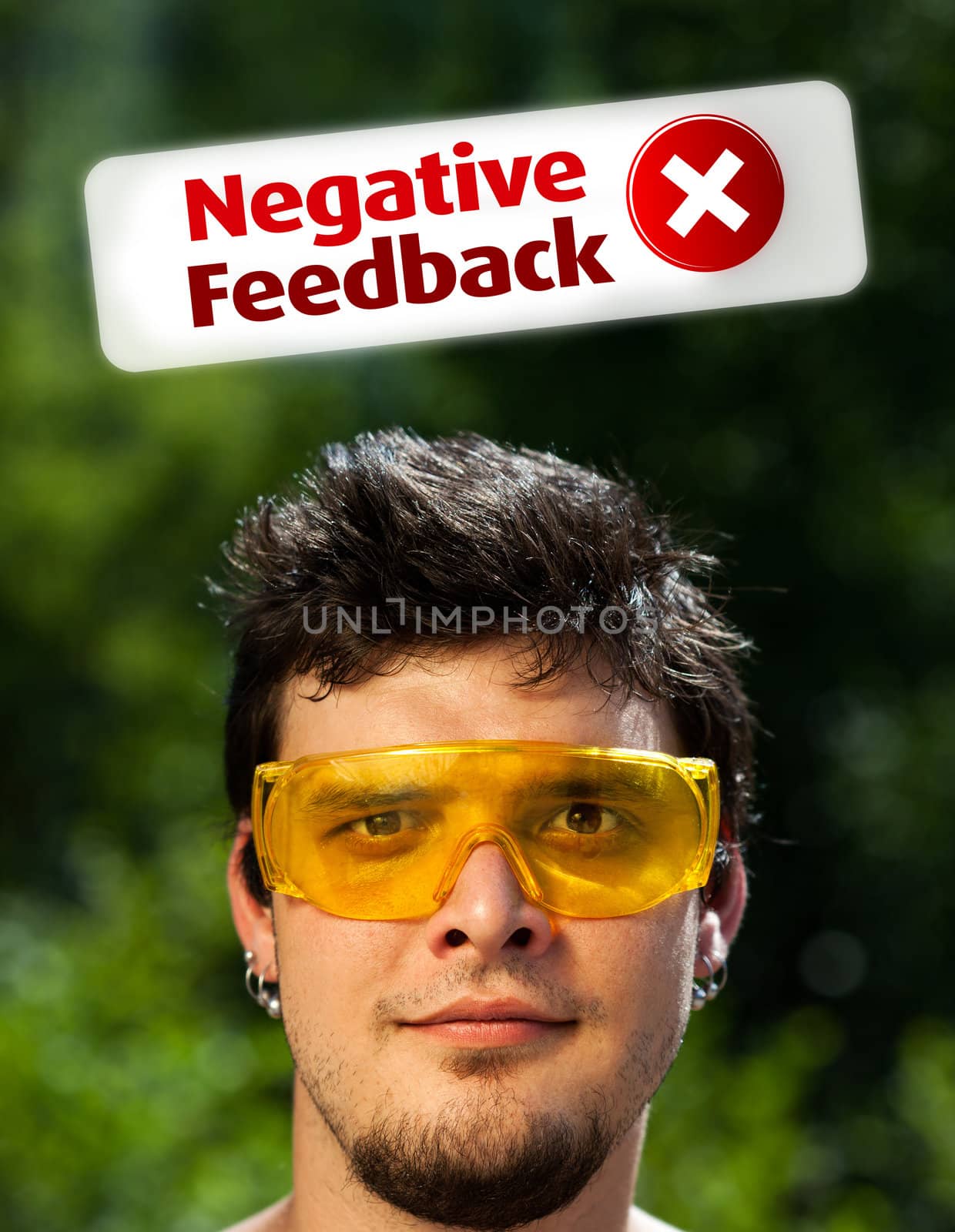 Young persons head looking with gesture at positive negative signs