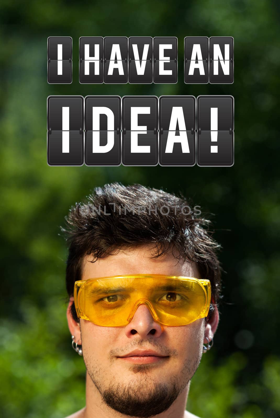 Young persons head looking with gesture at idea type of sign