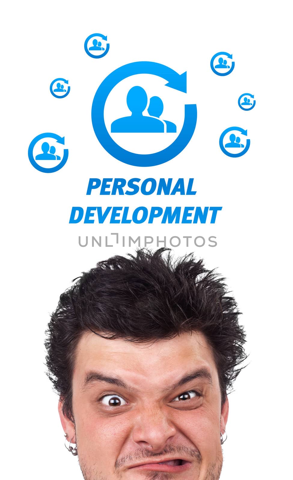 Young persons head looking with gesture at labor type of icons