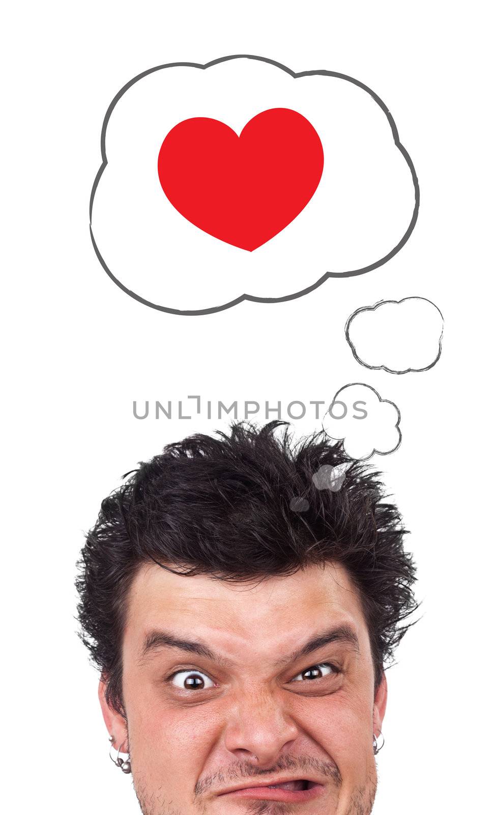 Young persons head looking with gesture at love signs