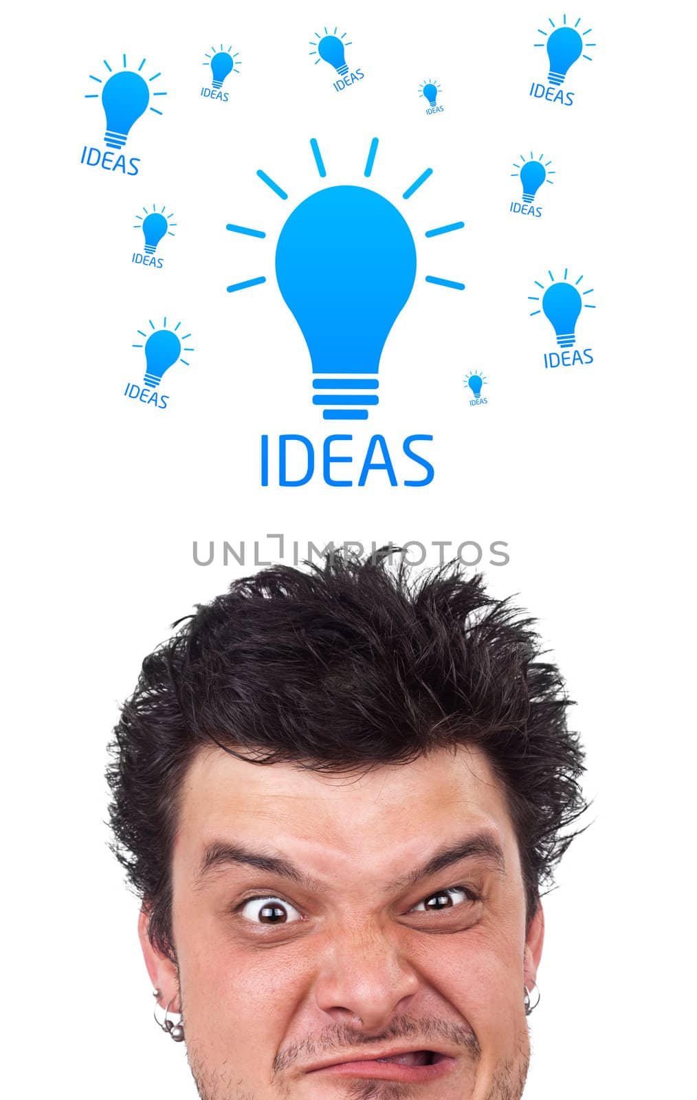 Young persons head looking with gesture at idea type of sign