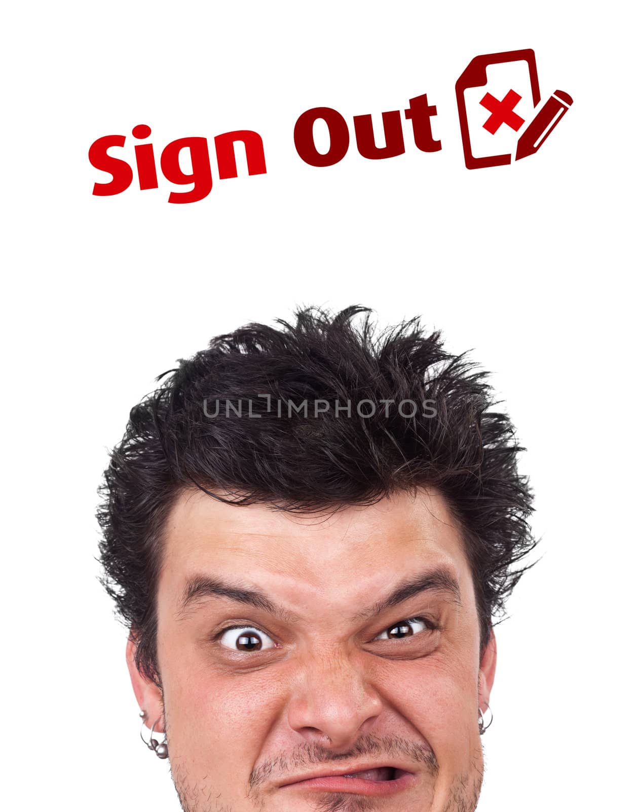 Young persons head looking with gesture at internet type of icons