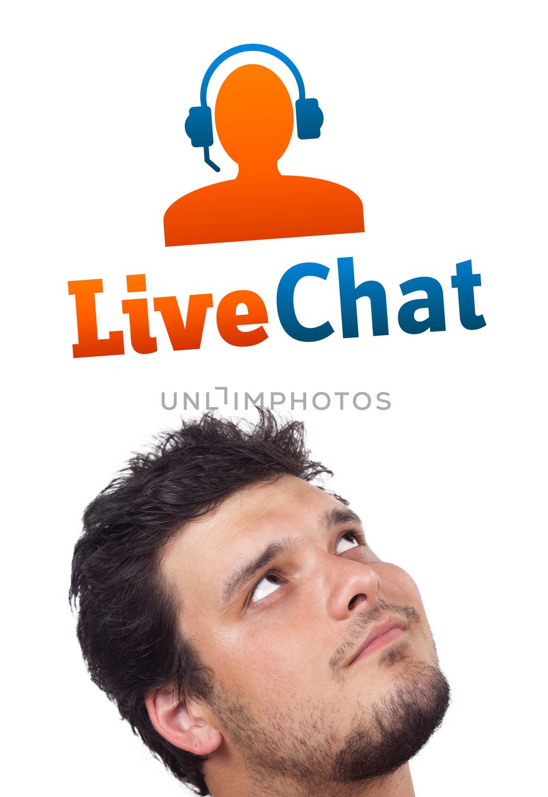 Young persons head looking with gesture at support contact type of icons and signs