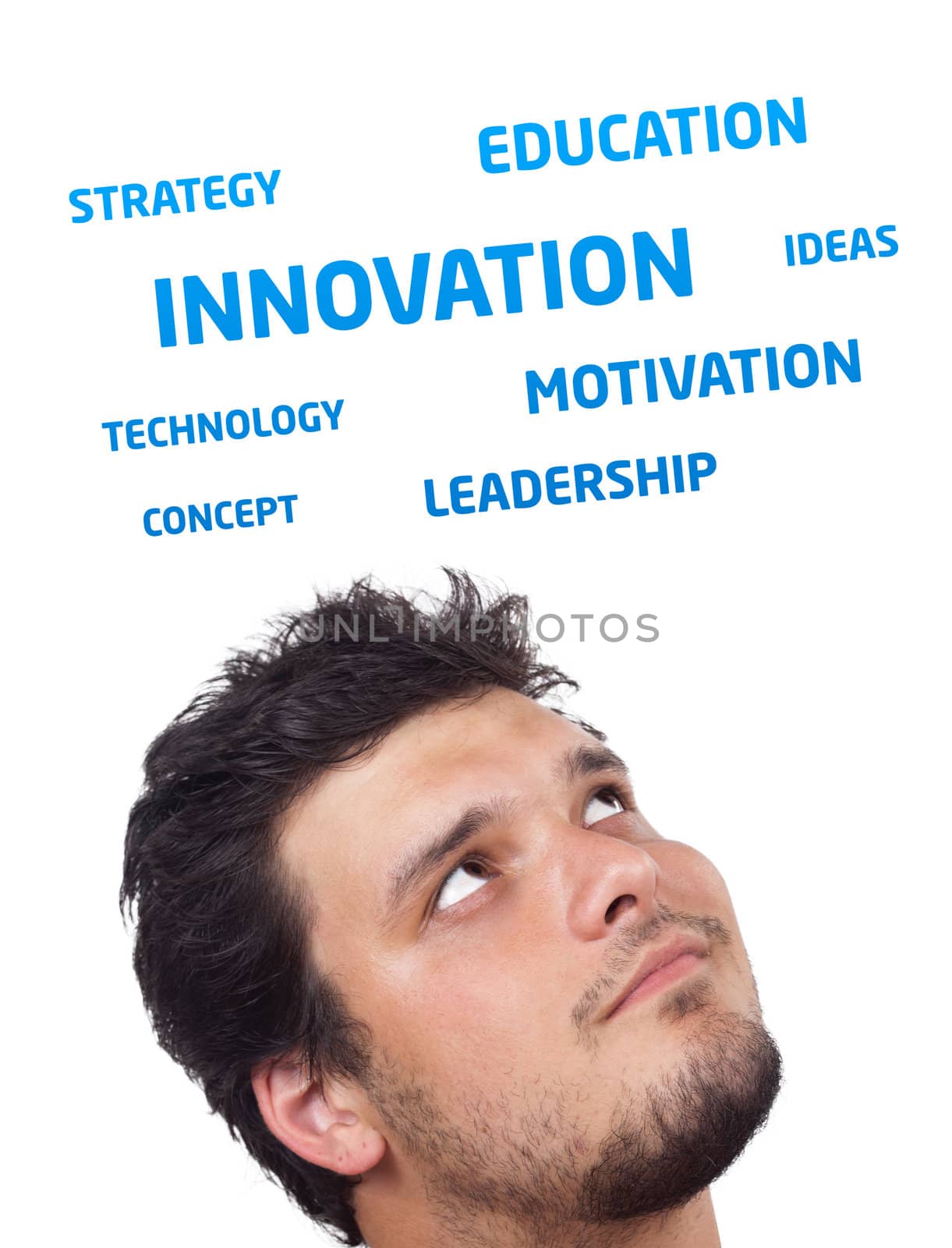 Young persons head looking at business icons and images