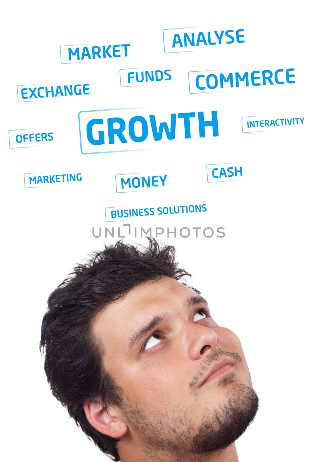 Young persons head looking at business icons and images