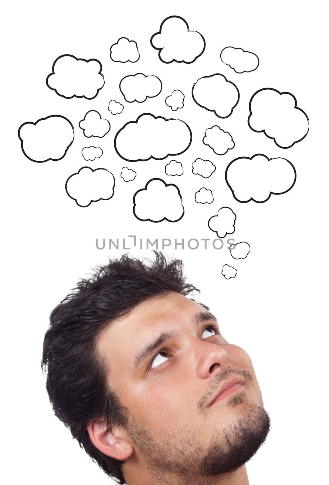 Young persons head thinking about white clouds