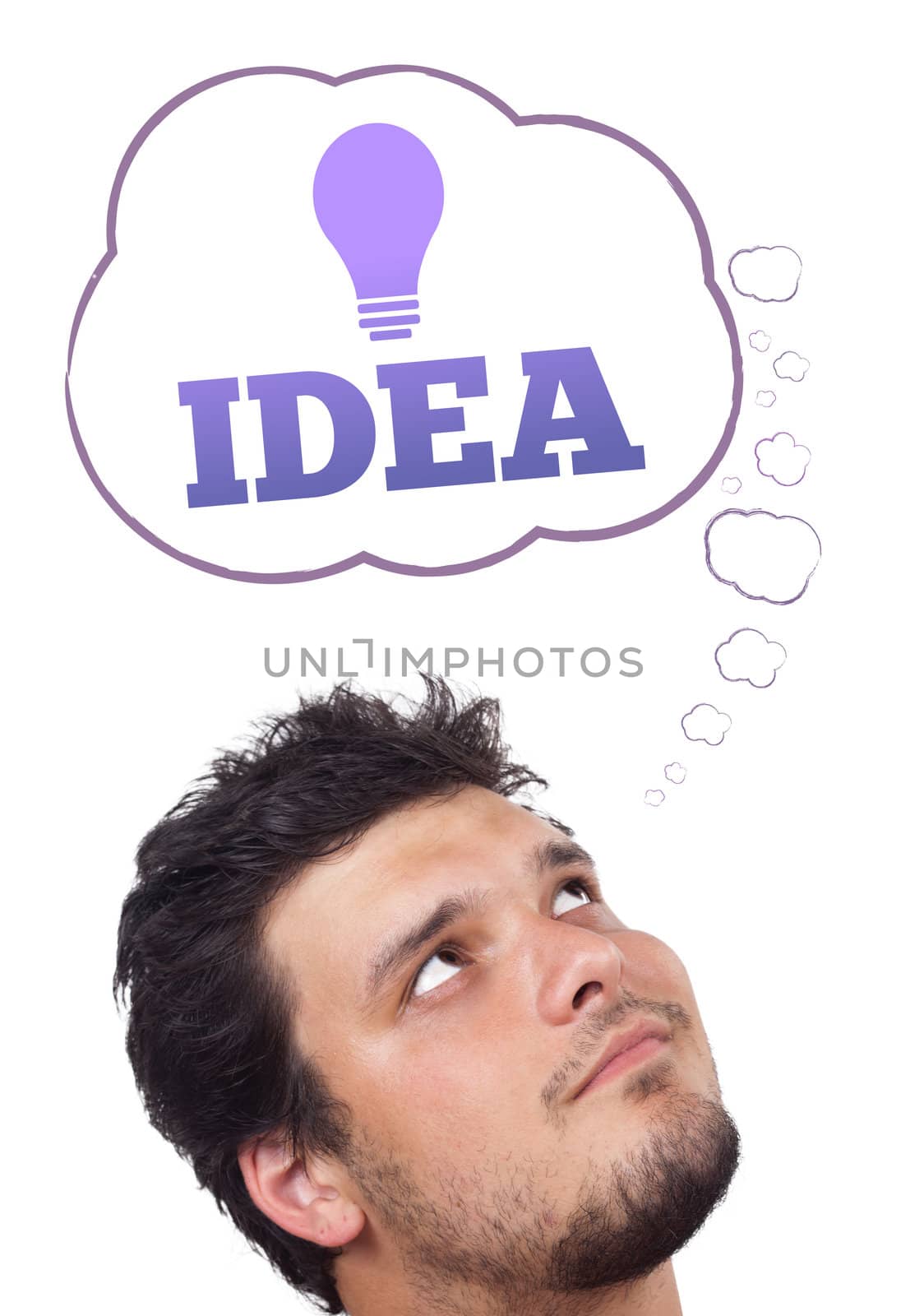 Young persons head looking with gesture at idea type of sign