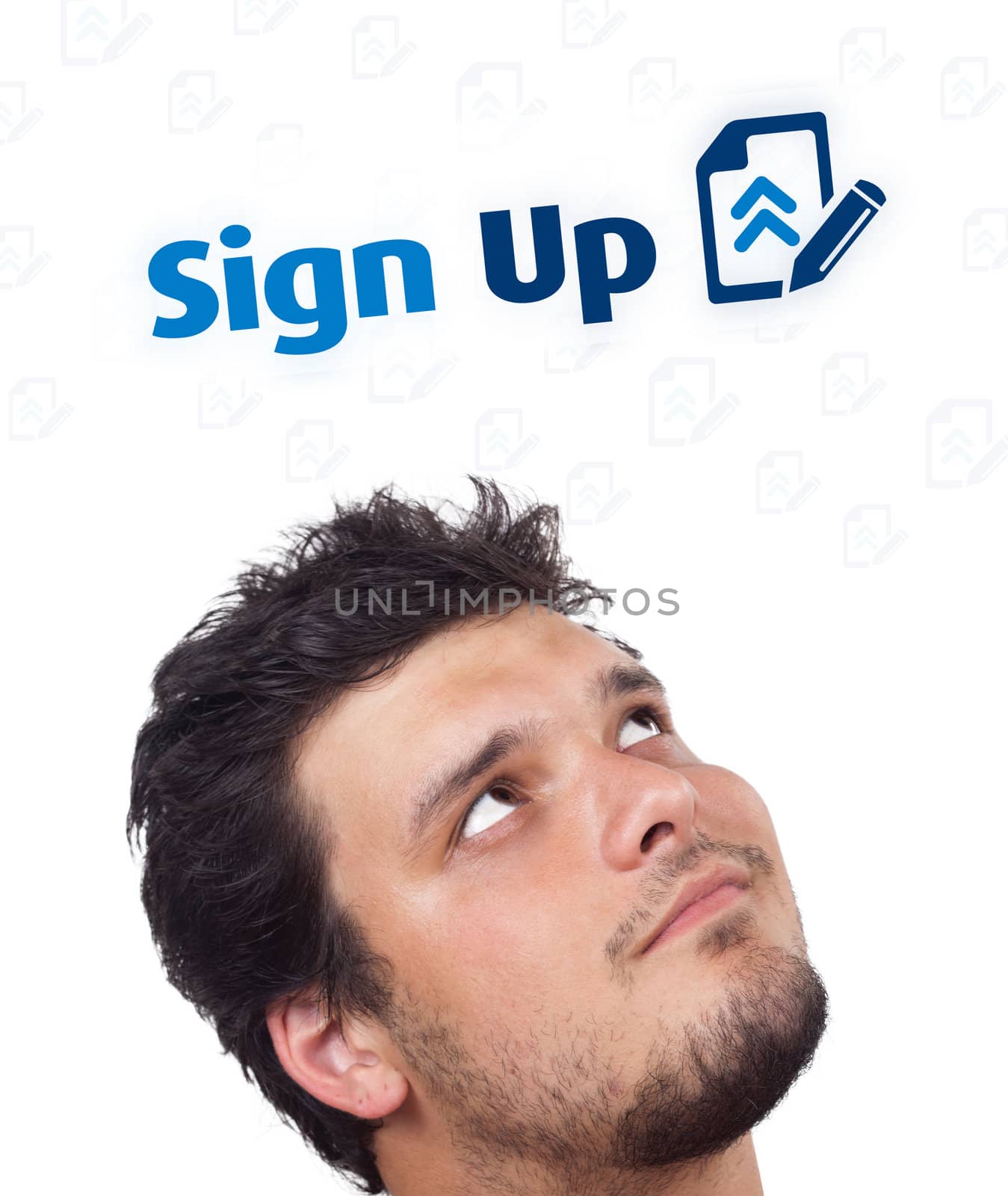 Young persons head looking with gesture at internet type of icons