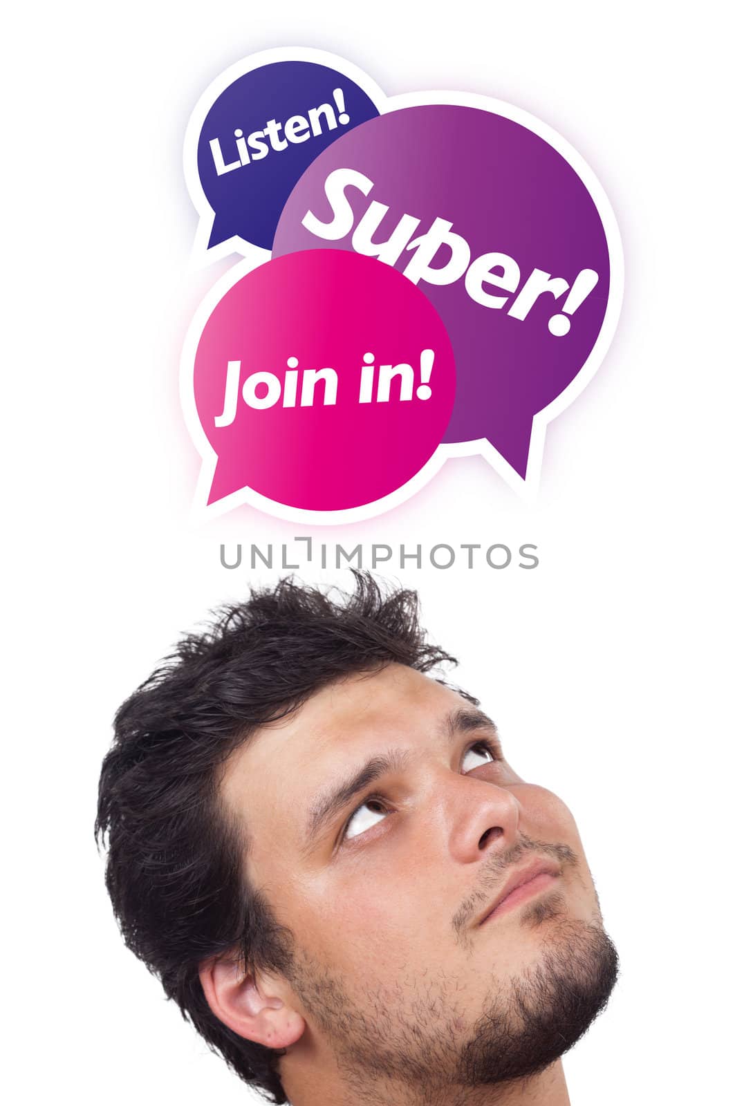 Young persons head looking with gesture at internet type of icons