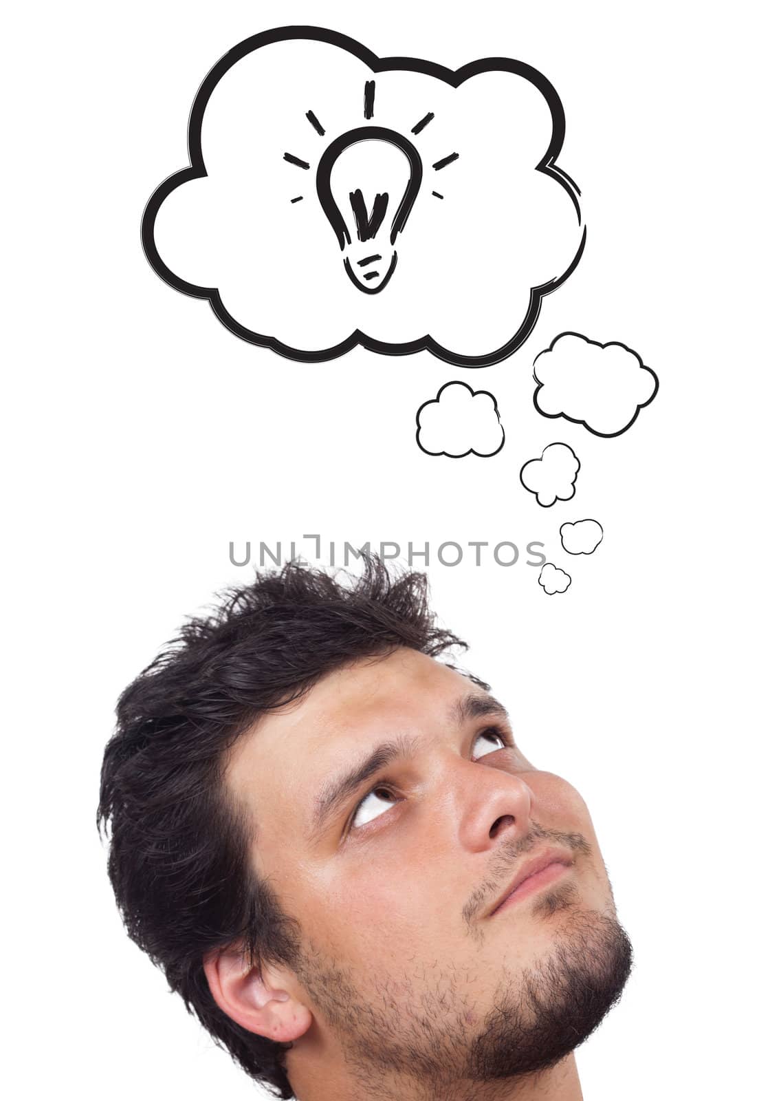 Young persons head thinking about white clouds