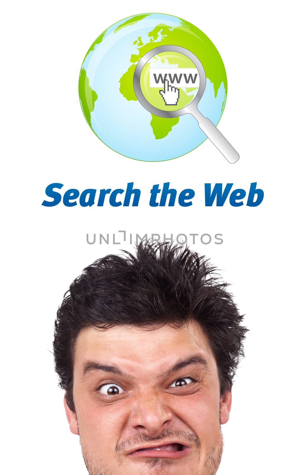 Young persons head looking with gesture at internet type of icons