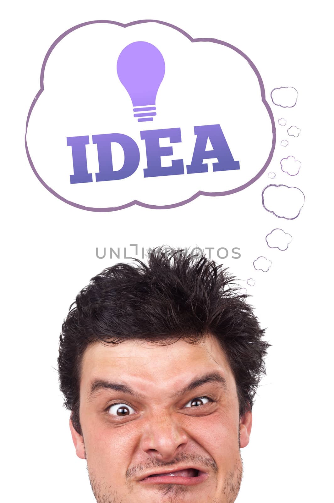 Young persons head looking with gesture at idea type of sign