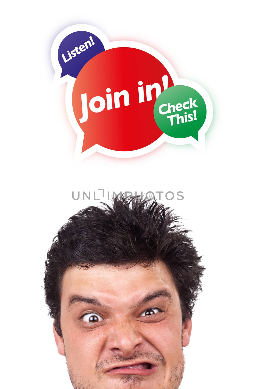 Young persons head looking with gesture at internet type of icons