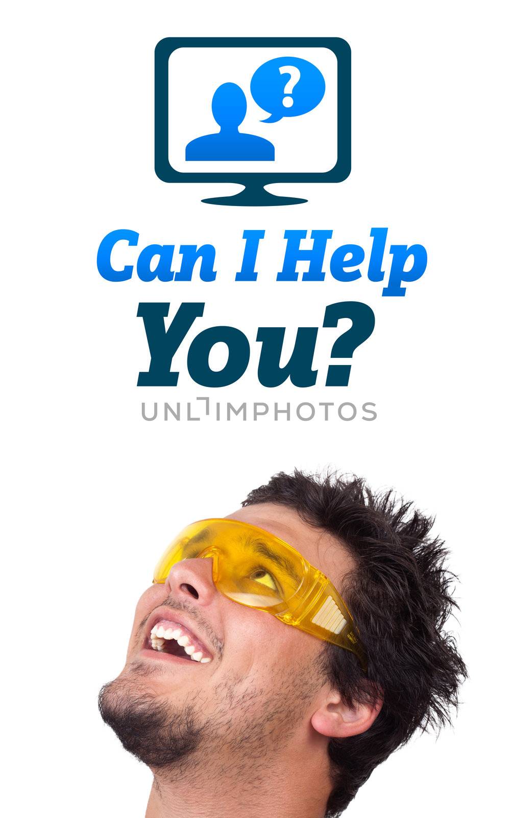 Young persons head looking with gesture at support contact type of icons and signs