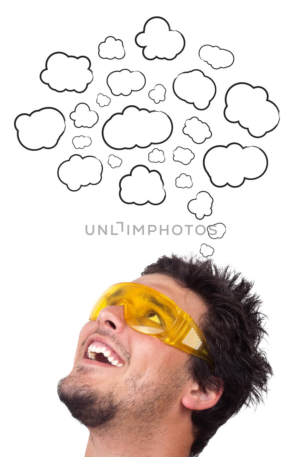 Young persons head thinking about white clouds