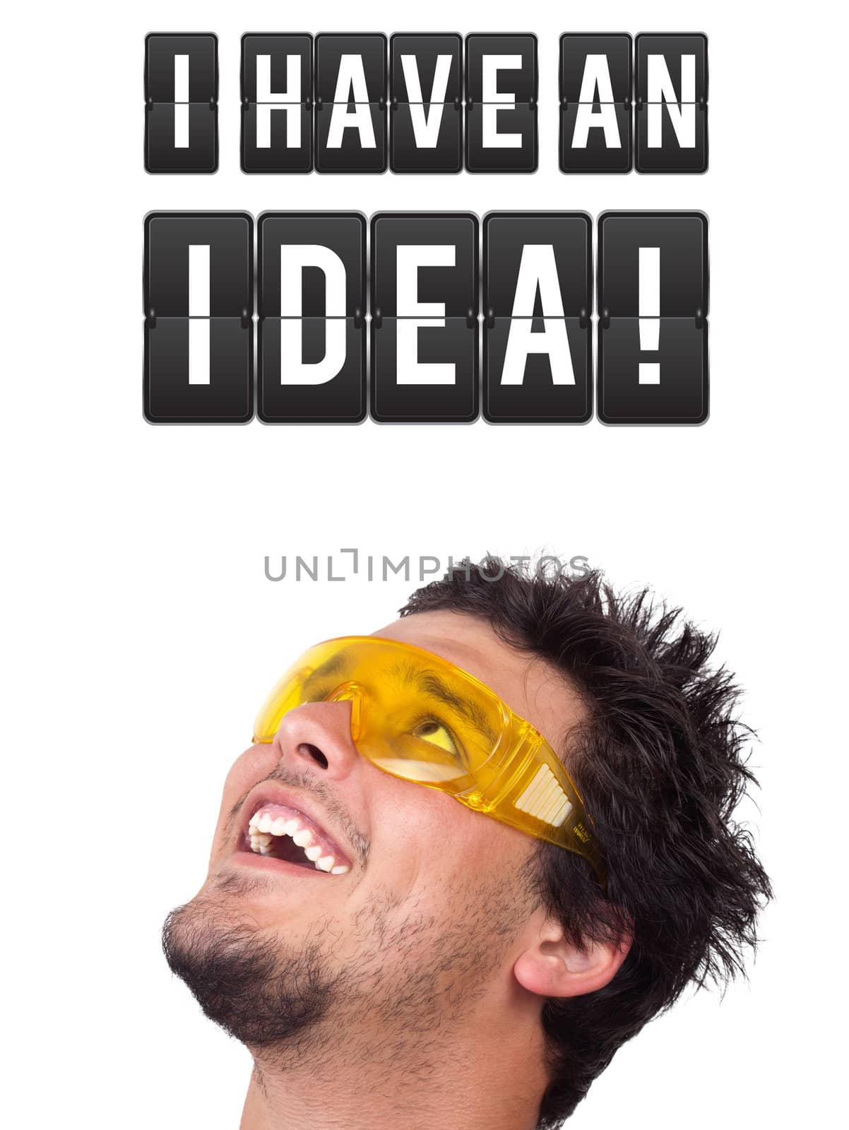 Young persons head looking with gesture at idea type of sign