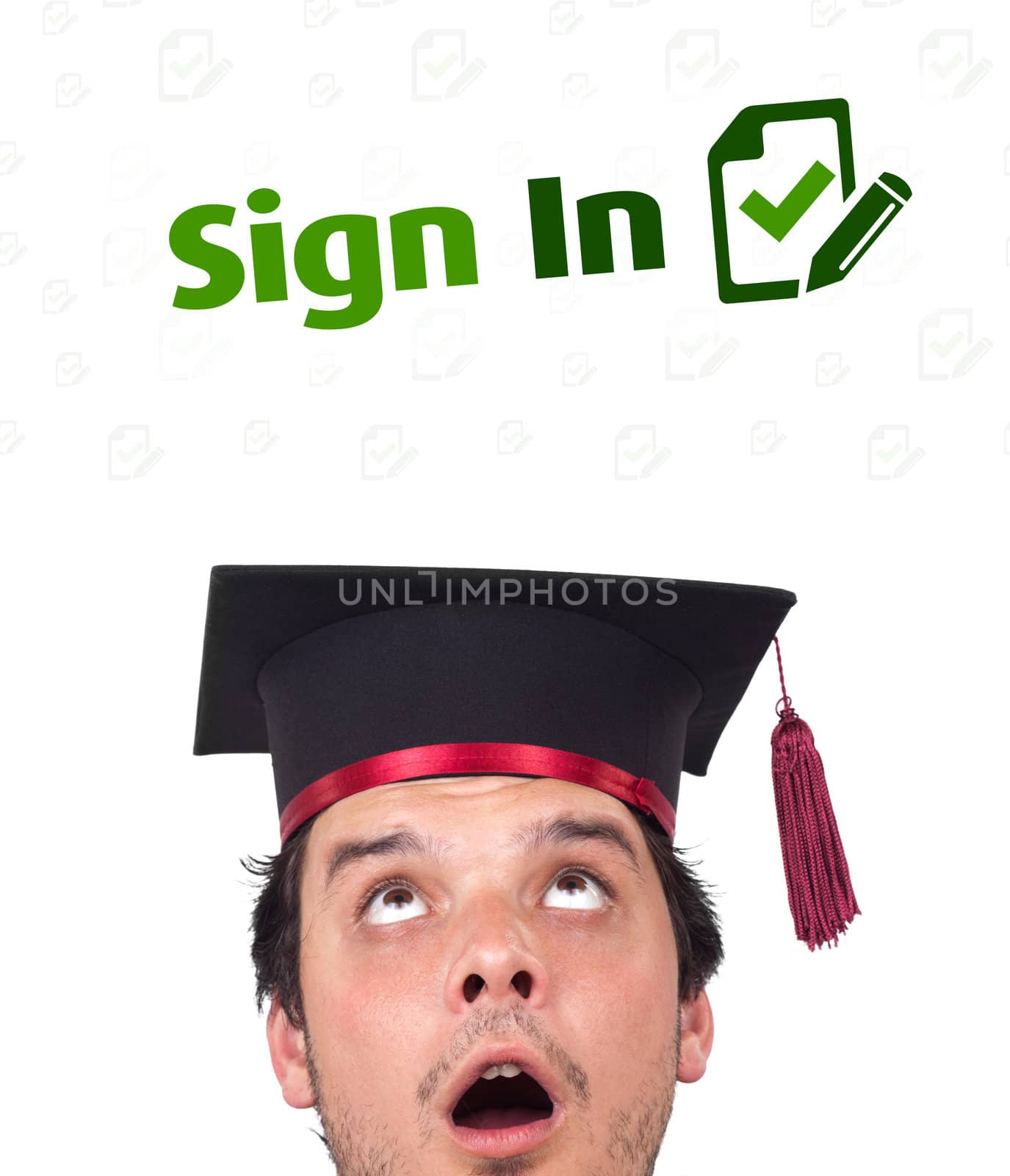Young persons head looking with gesture at internet type of icons