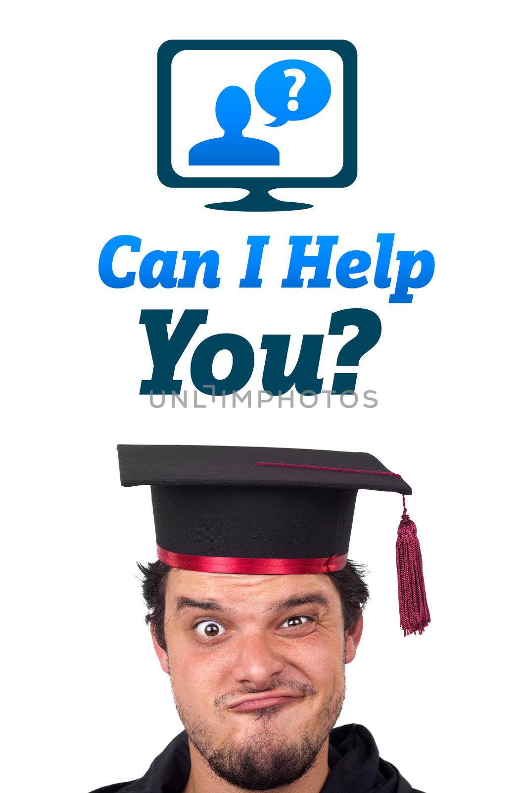 Young persons head looking with gesture at support contact type of icons and signs