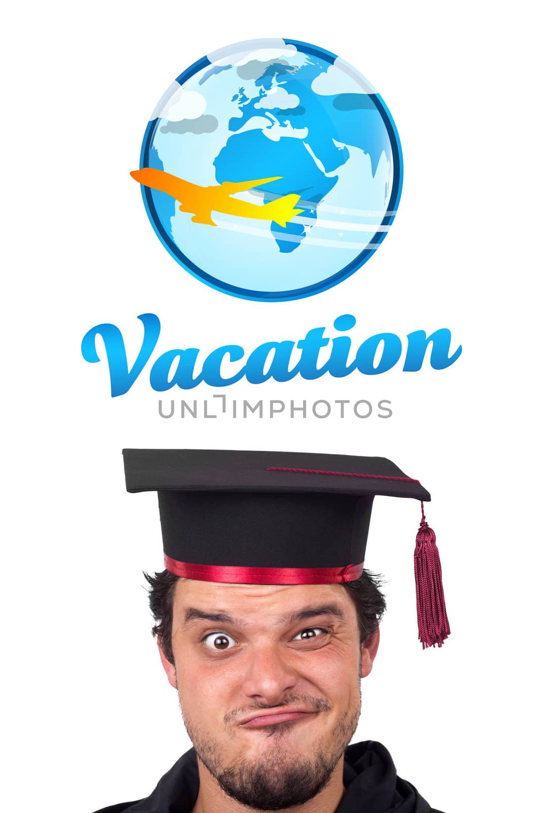 Young persons head looking with gesture at vacation type of sign