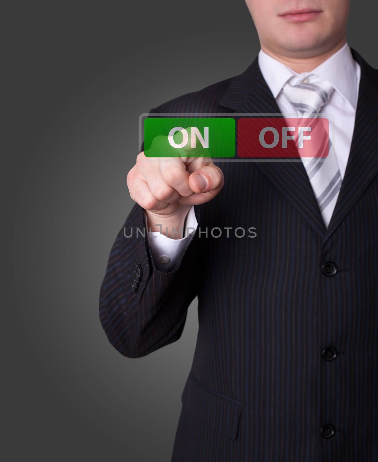 Man hand pressing ON / OFF button