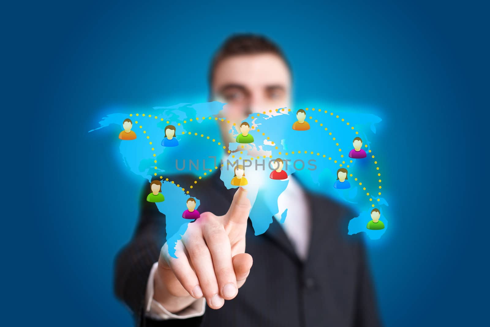 Businessman hand pressing Social network icon