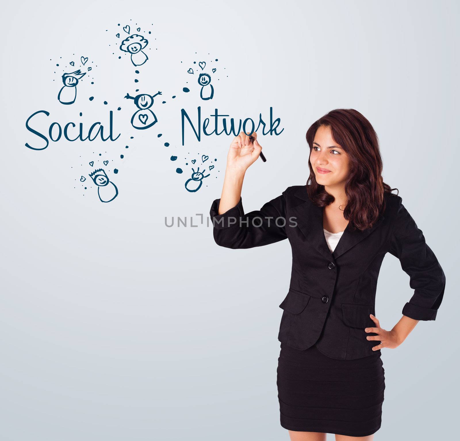 Young woman draving social network theme on whiteboard
