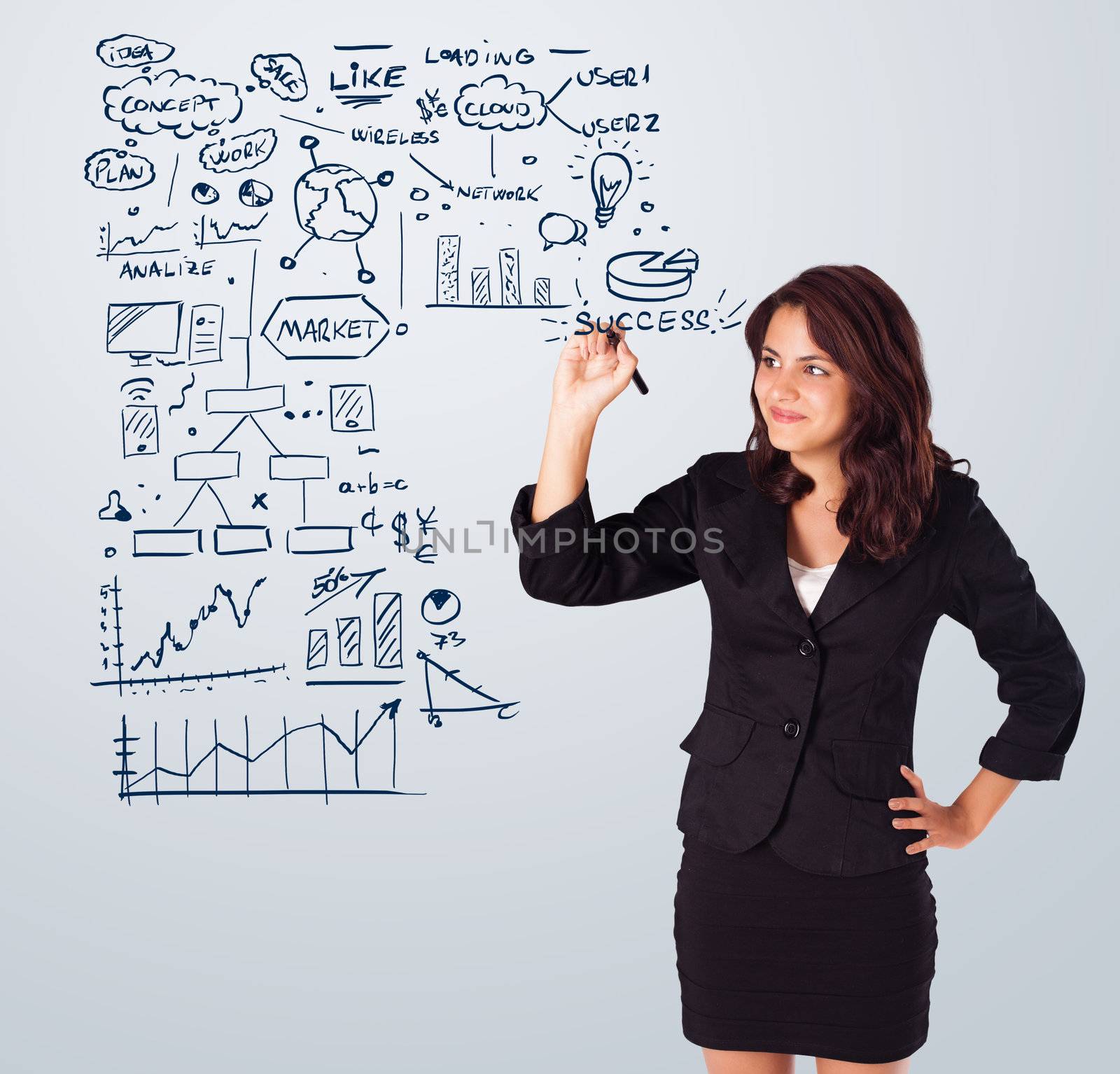 Young woman drawing business scheme and icons on whiteboard