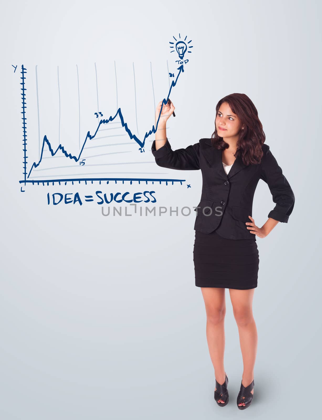 Young woman drawing graph on whiteboard