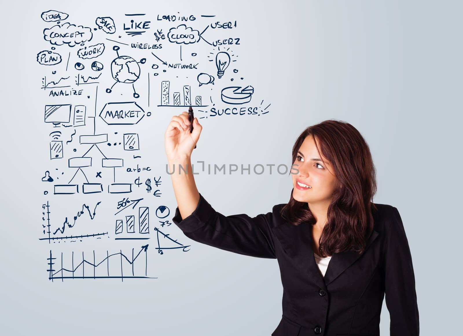 Young woman drawing business scheme and icons on whiteboard
