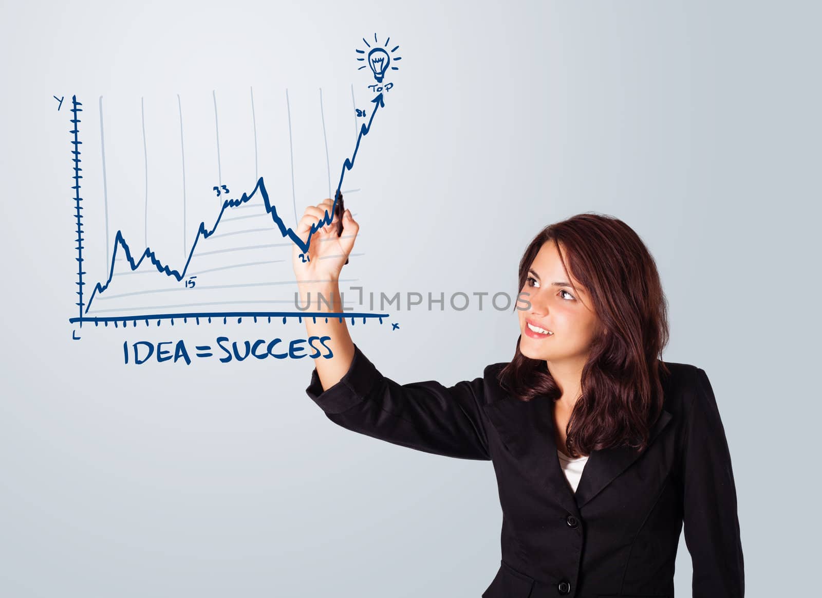 Young woman drawing graph on whiteboard