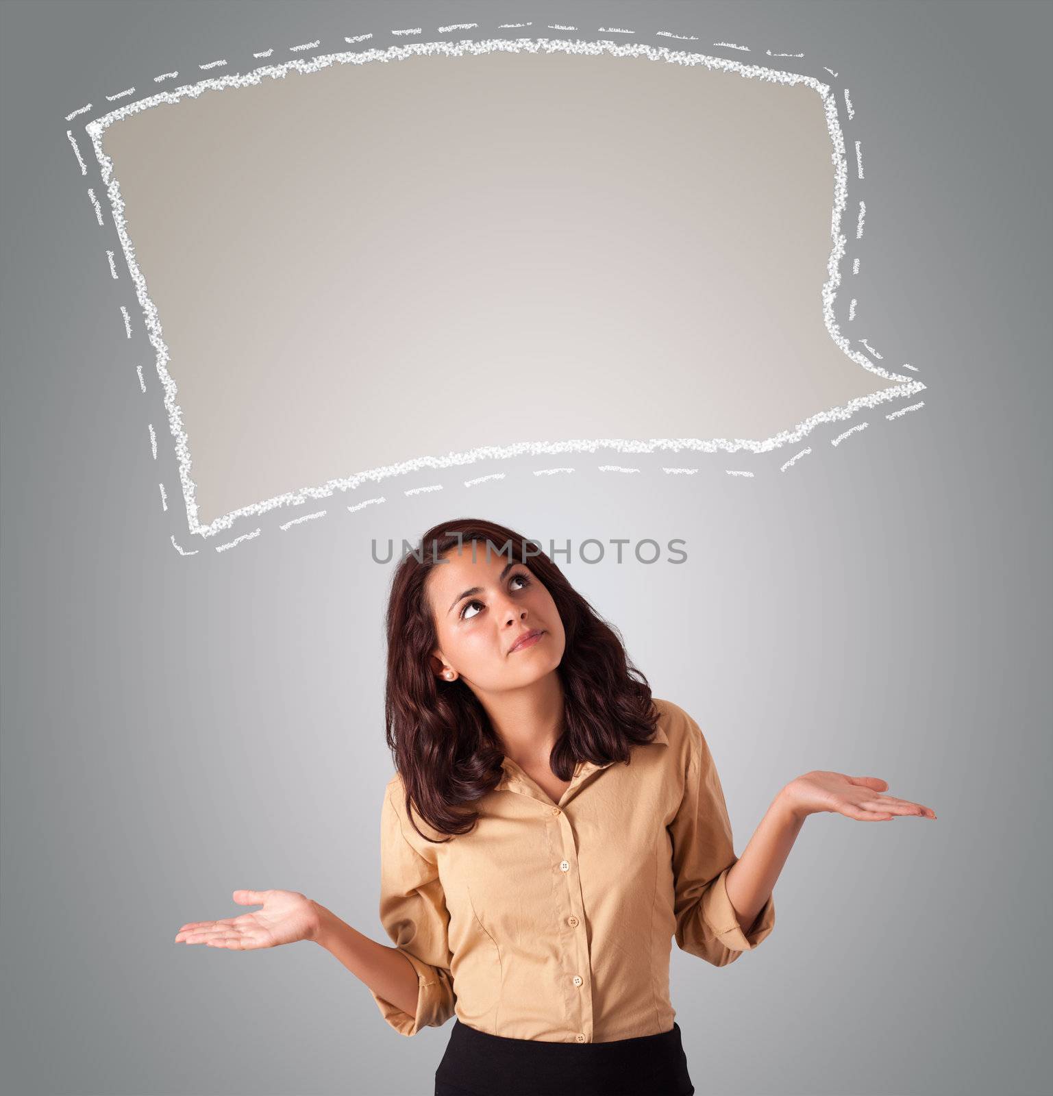 Attractive woman looking abstract speech bubble copy space by ra2studio