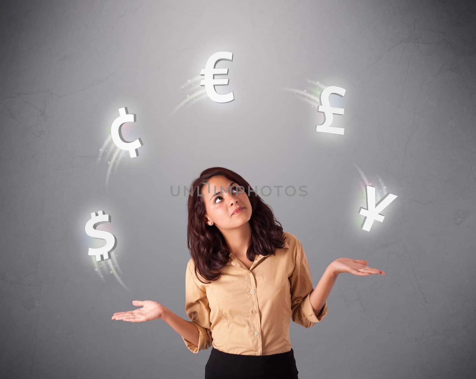  young lady standing and juggling with currency icons by ra2studio