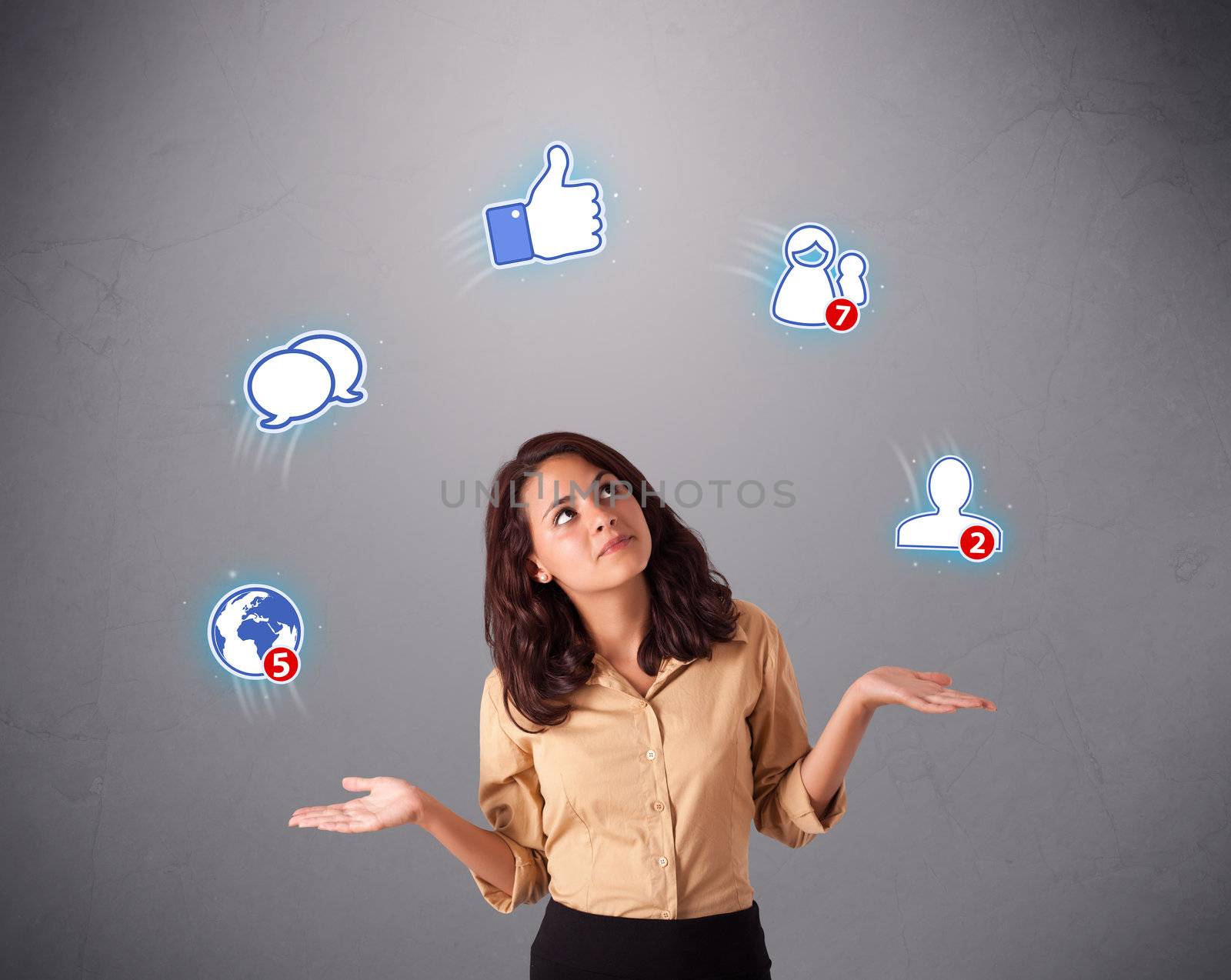 attractive young woman juggling with social network icons by ra2studio