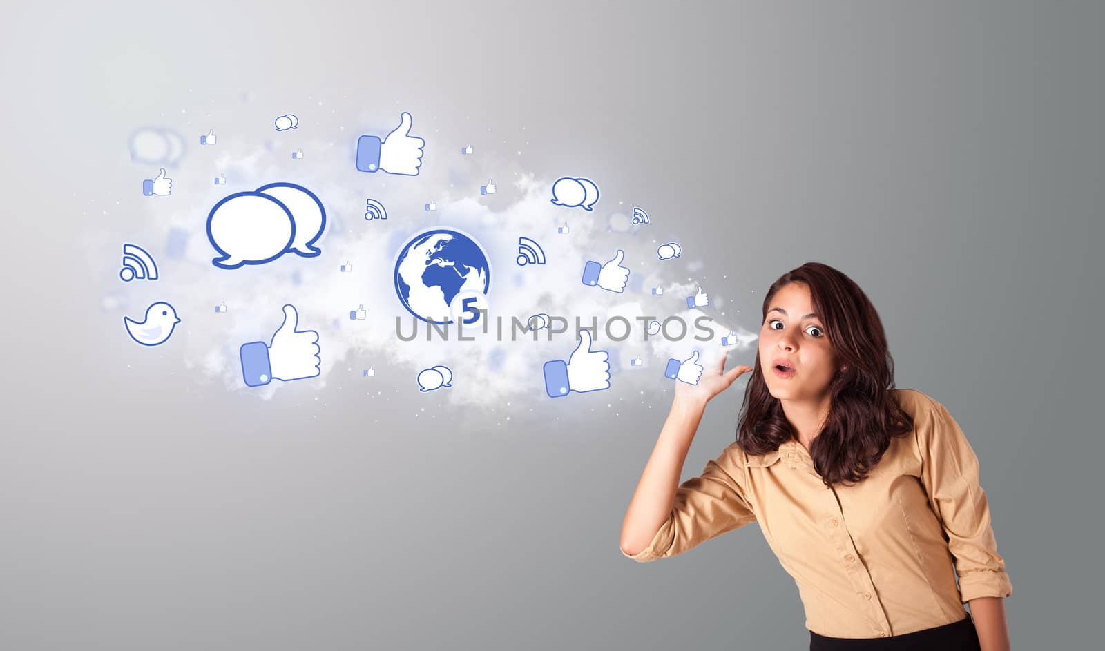 beautiful woman gesturing with social network icons by ra2studio