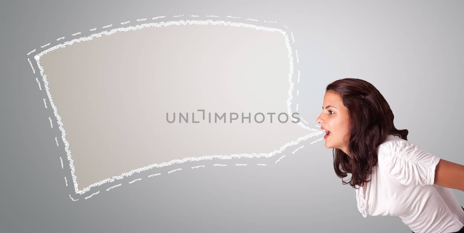 beautiful woman gesturing with abstract speech bubble copy space by ra2studio