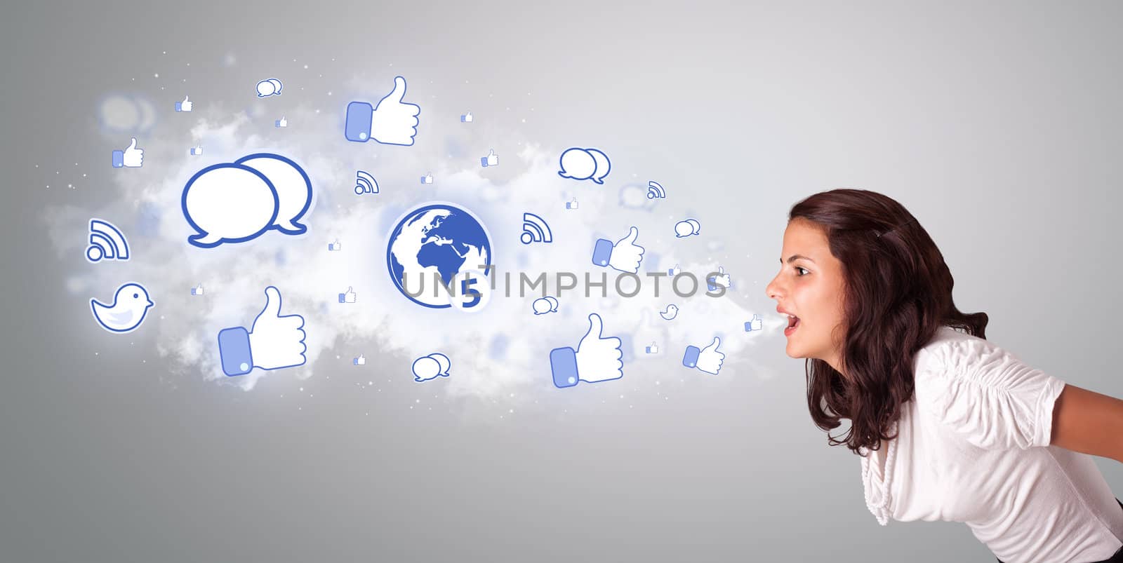 beautiful woman gesturing with social network icons by ra2studio